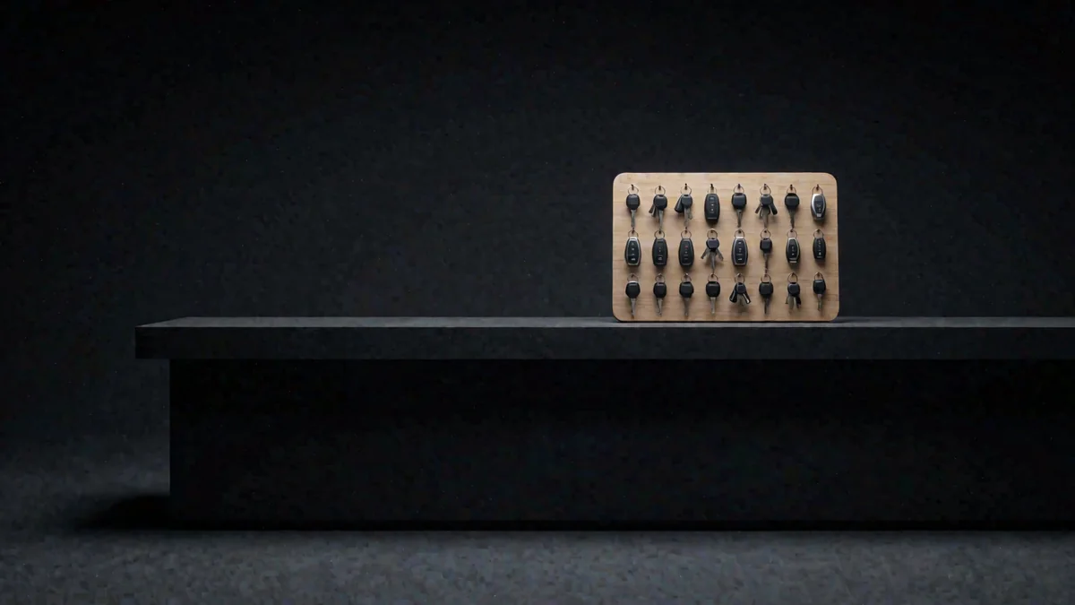 Llaves de autos ordenadas en un tablero de madera bajo una luz cálida en un mostrador vacío