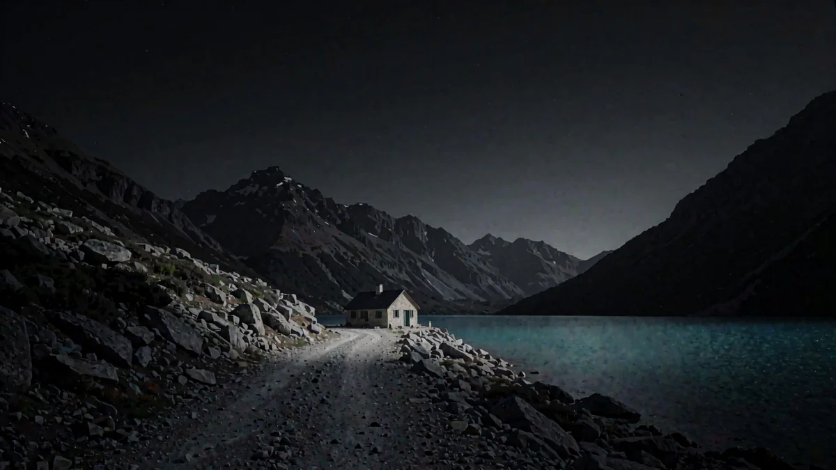 Un camino de ripio entre montañas y un lago turquesa en hora azul con una luz cálida en un refugio