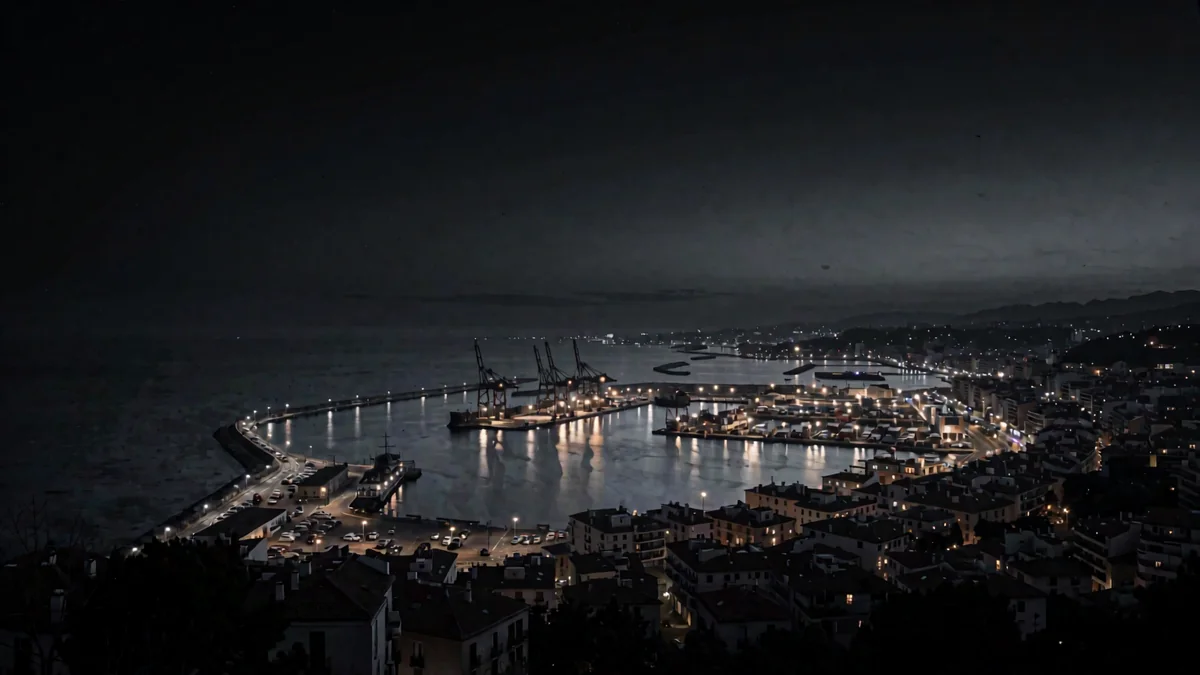 Un morro sobre una bahía con un puerto iluminado con luces cálidas en hora azul