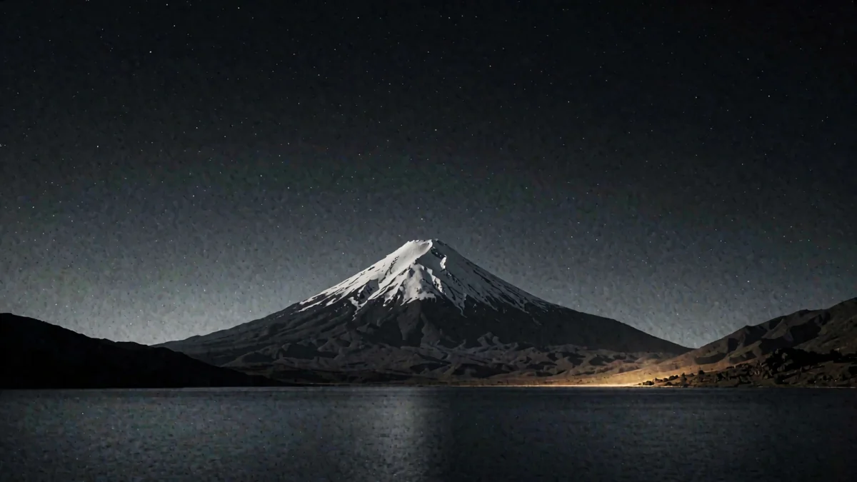 Un volcán nevado sobre un lago quieto en hora azul con una luz cálida en la orilla