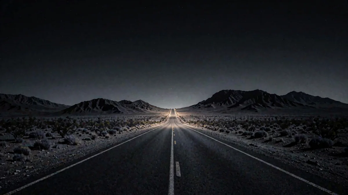 Una carretera del desierto florido con cerros violetas en hora azul y una luz cálida lejana