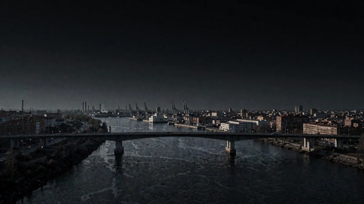 Un puente sobre un río ancho con una ciudad industrial al fondo en hora azul y luces cálidas de puerto
