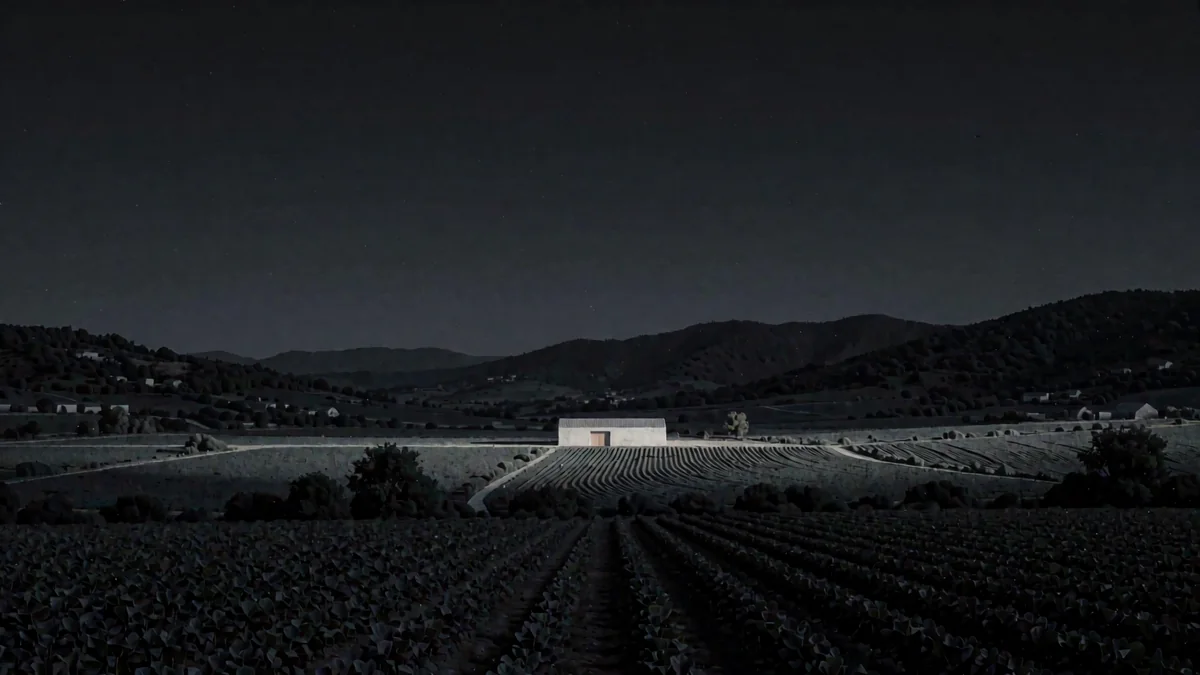 Un valle agrícola con cerros al fondo y una ruta vacía en hora azul con una luz cálida en un galpón