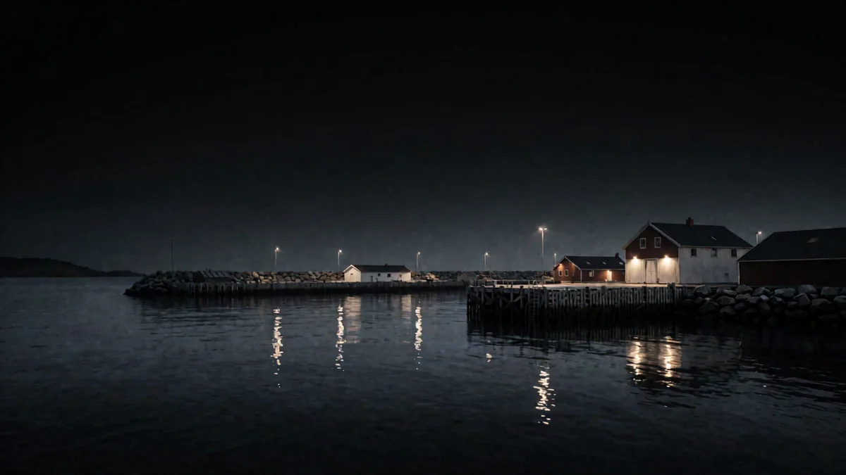 Un fiordo con un muelle de madera y luces cálidas de un puerto pesquero en hora azul
