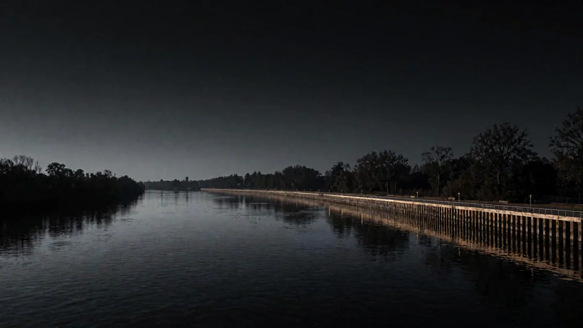 Un río ancho con una costanera de madera y luces cálidas reflejadas en el agua en hora azul