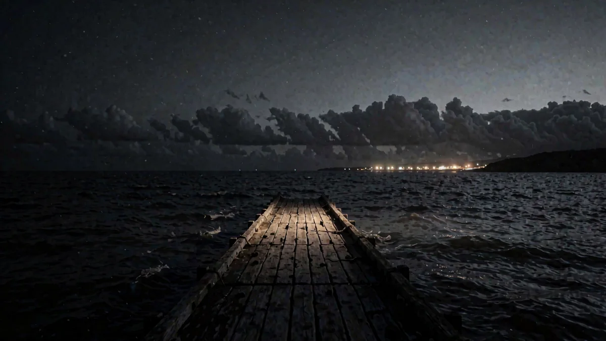 Un estrecho con un muelle de madera y luces cálidas de una ciudad austral en hora azul con viento