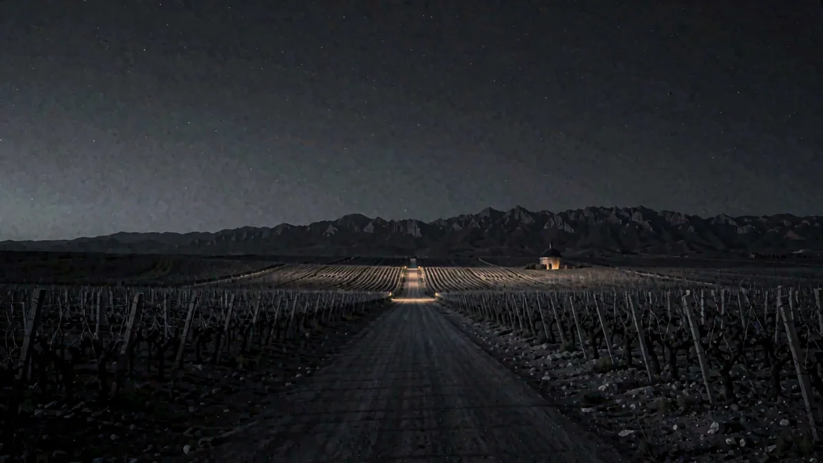Una ruta entre viñedos con la cordillera al fondo en hora azul y una luz cálida en una bodega lejana