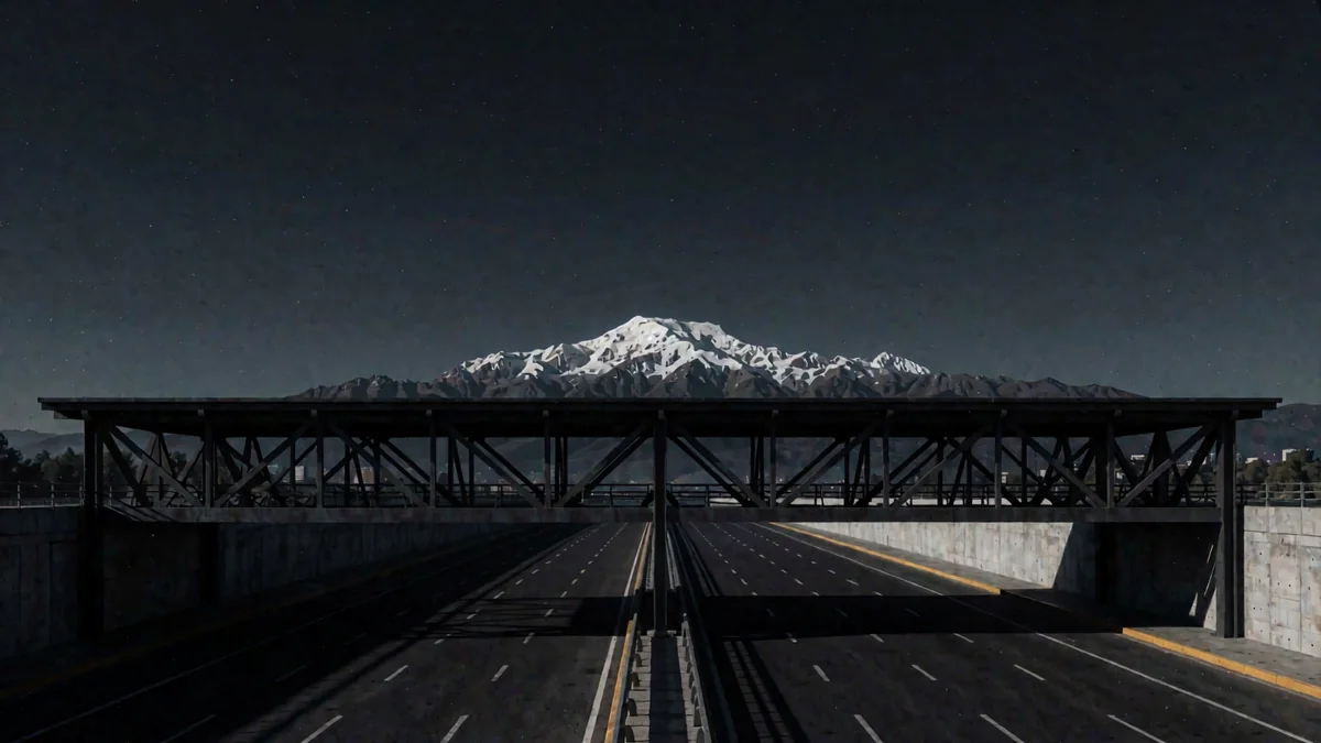 Una autopista urbana vacía bajo un pórtico metálico con la cordillera nevada al fondo en hora azul