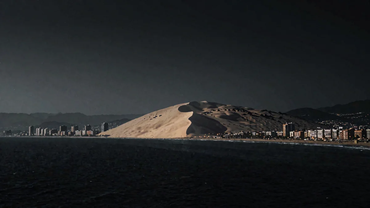 Una duna gigante sobre una ciudad costera con luces cálidas y el mar oscuro en hora azul