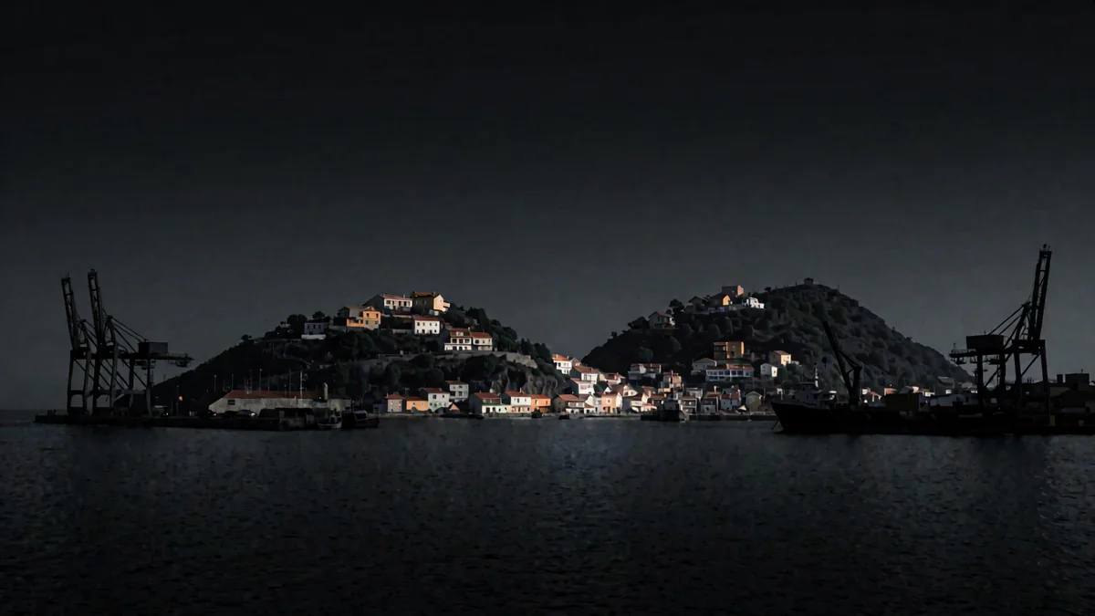 Cerros con casas de colores sobre un puerto en hora azul con grúas en silueta y luces cálidas