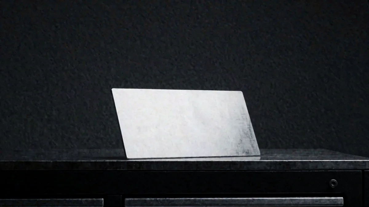 Detalle de una placa metálica en blanco reflejando una luz cálida en un taller oscuro