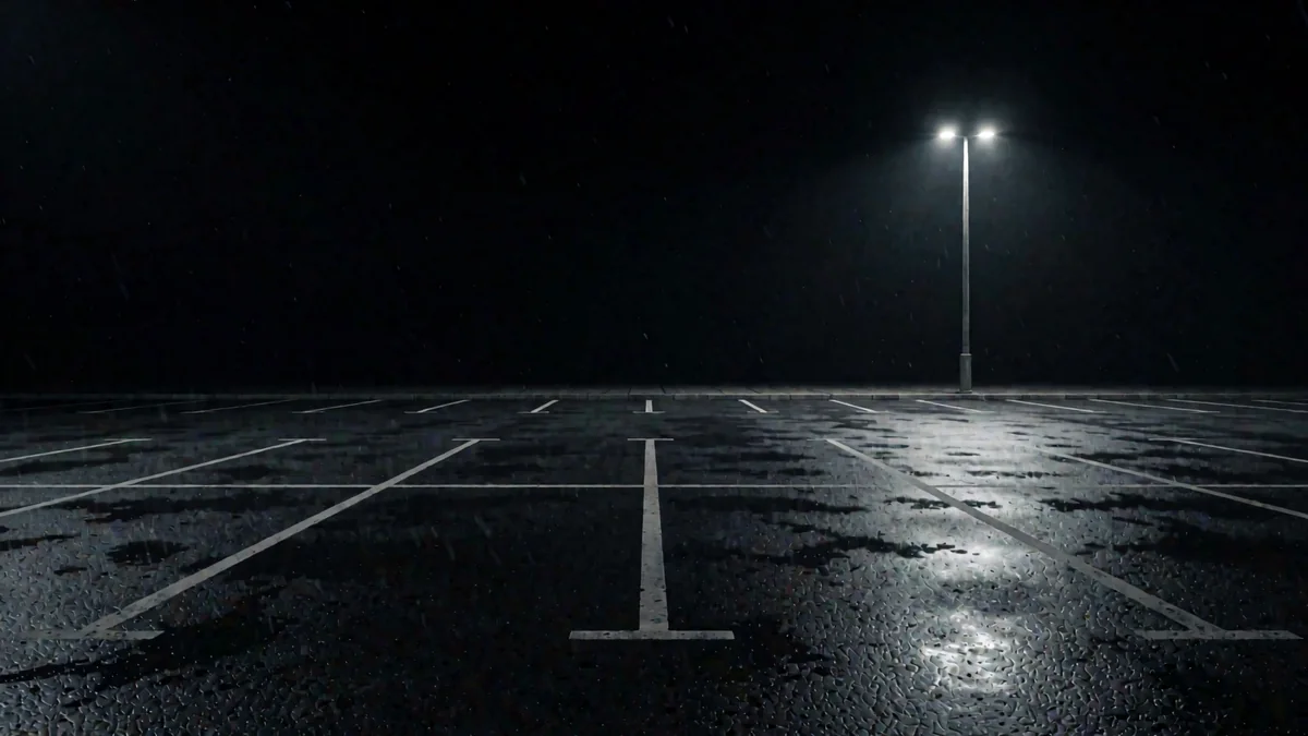 Un playón de flota vacío en hora azul con líneas de estacionamiento mojadas y una luz cálida