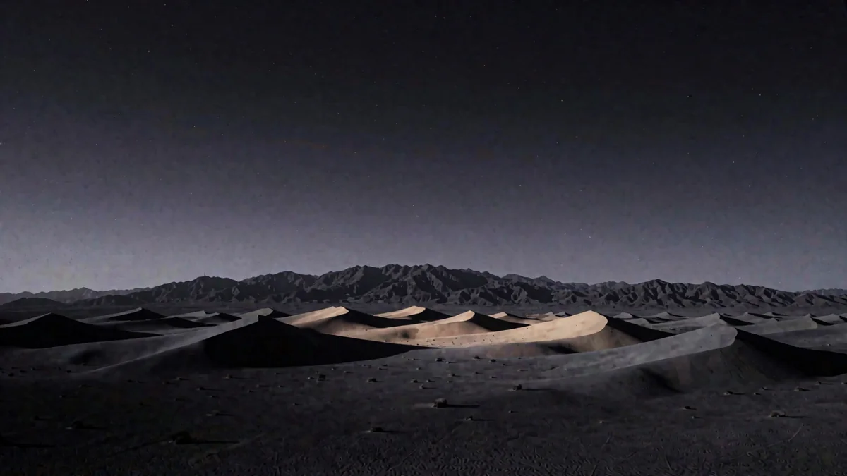 Un desierto con dunas y una sierra lejana bajo un cielo violeta