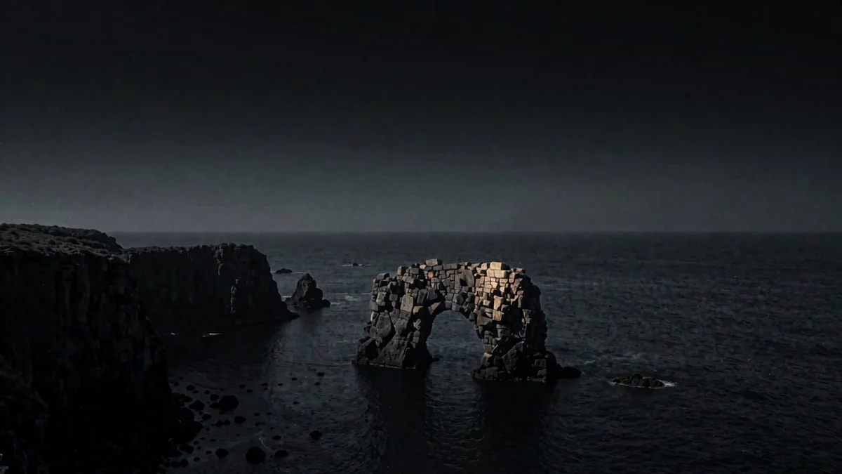 Um arco de pedra no mar com falésias e água escura na penumbra