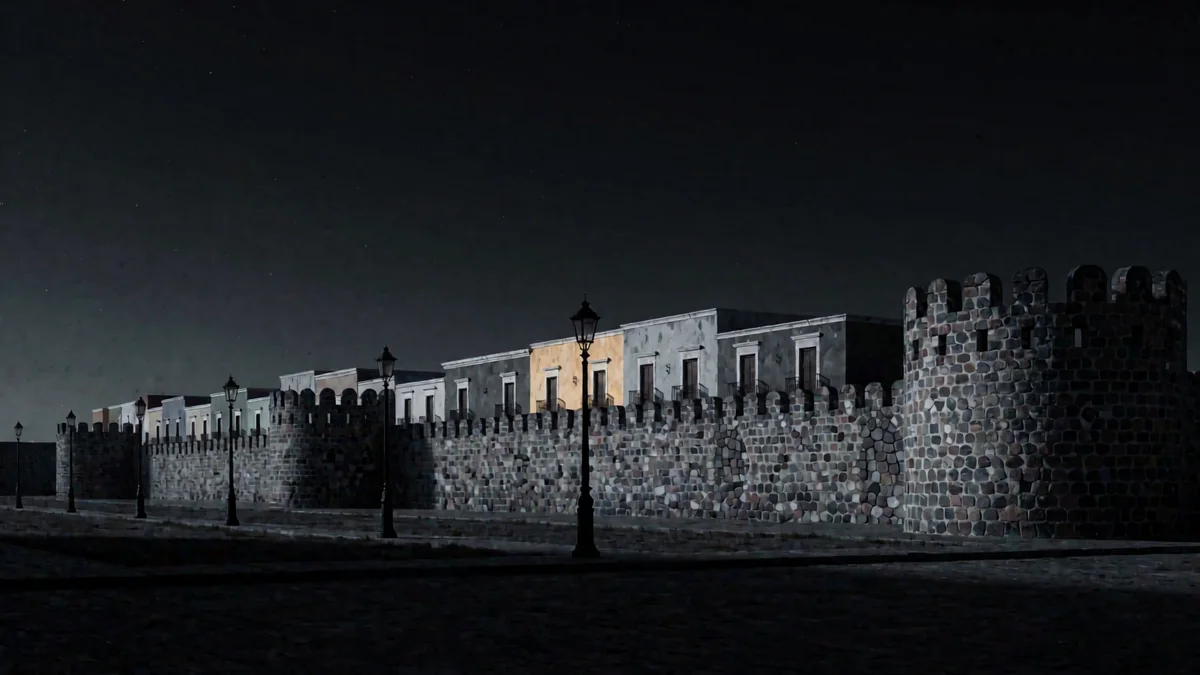Una muralla colonial de piedra con casas de colores apagados y farolas