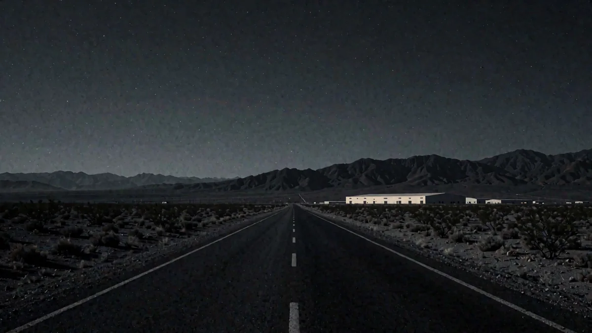 Una carretera del semidesierto con sierras al fondo en hora azul y una luz cálida en una nave industrial lejana