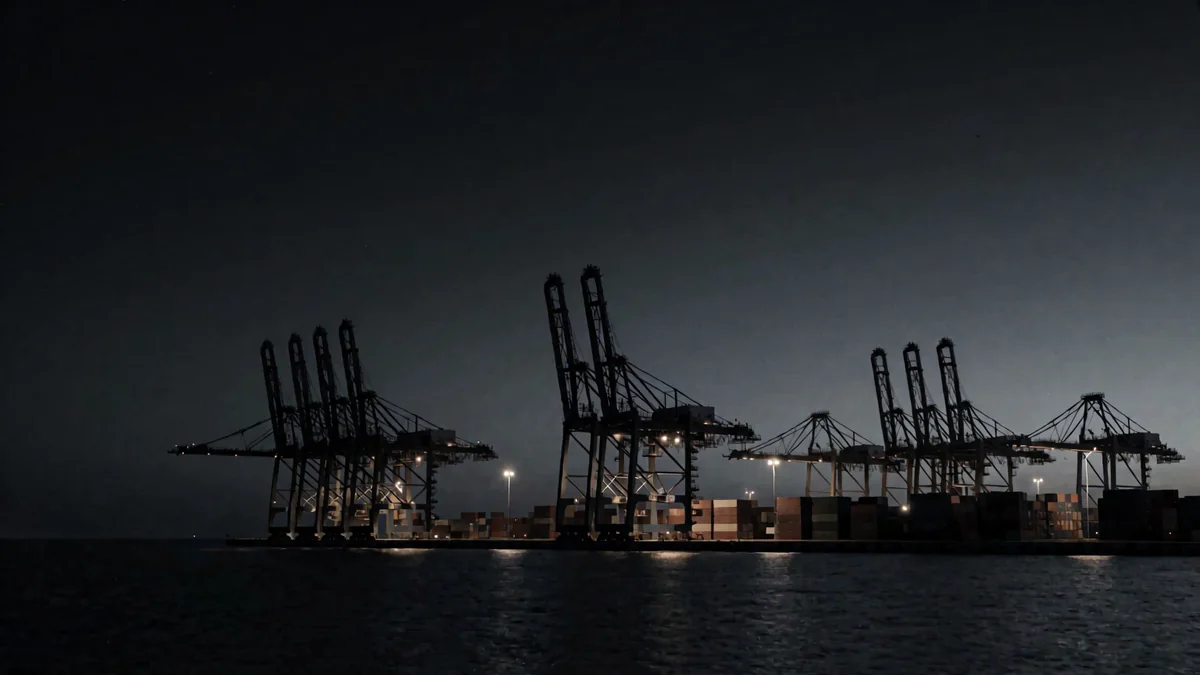 Grúas de un puerto de contenedores en silueta sobre el mar en hora azul con luces cálidas de muelle