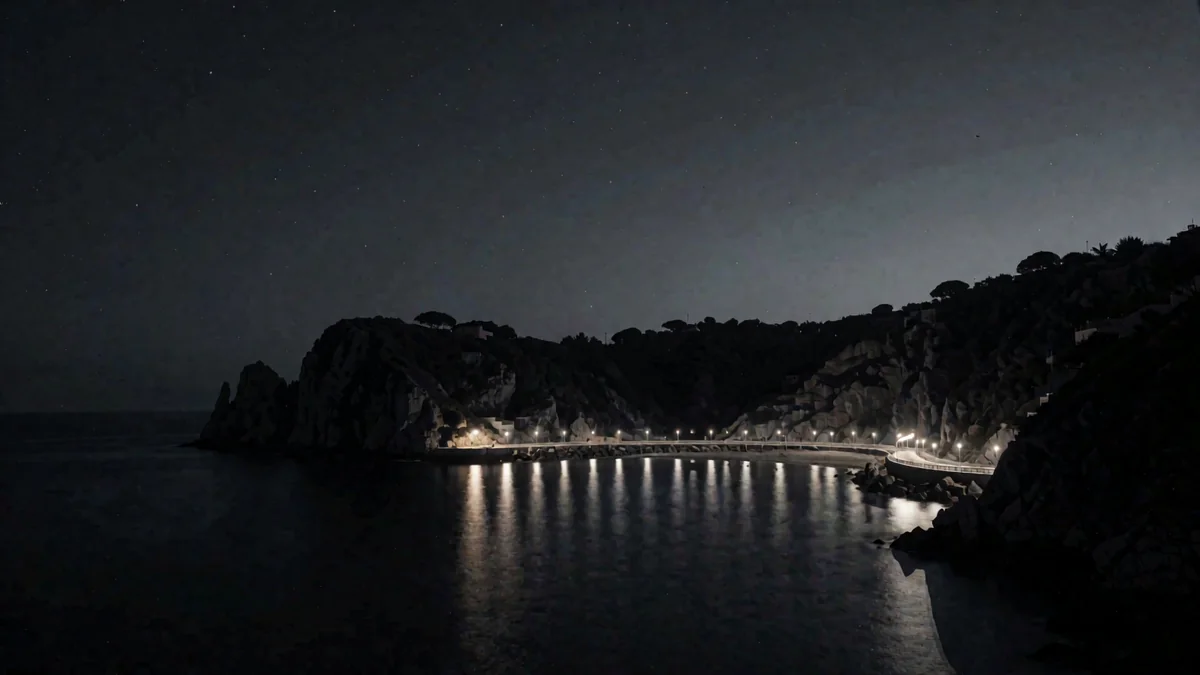 Una bahía con acantilados y luces cálidas de un malecón reflejadas en el mar en hora azul