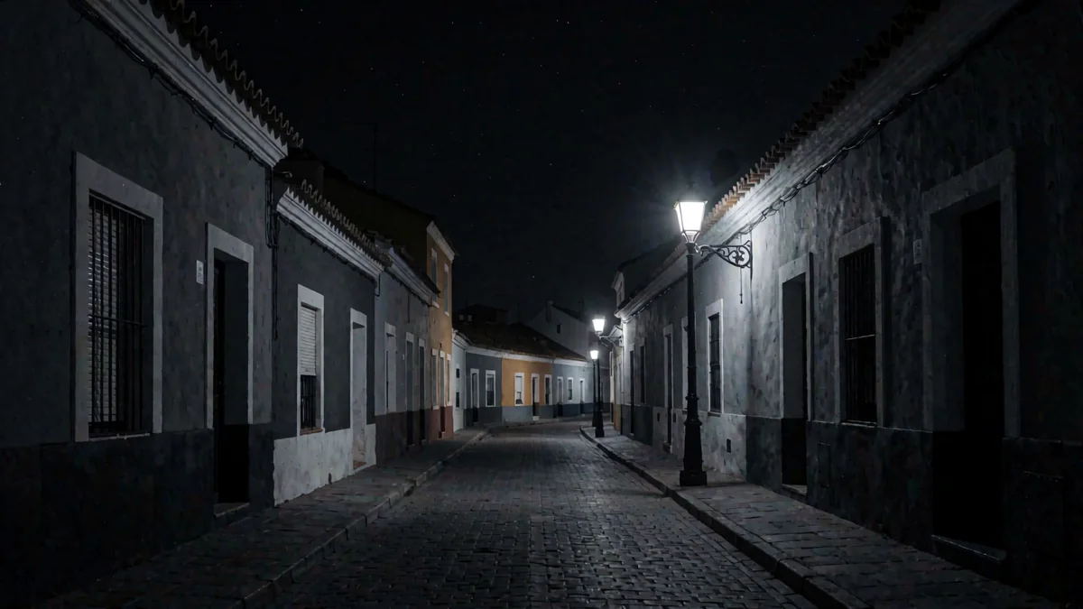 Un callejón empedrado con casas de colores apagados y farolas encendidas