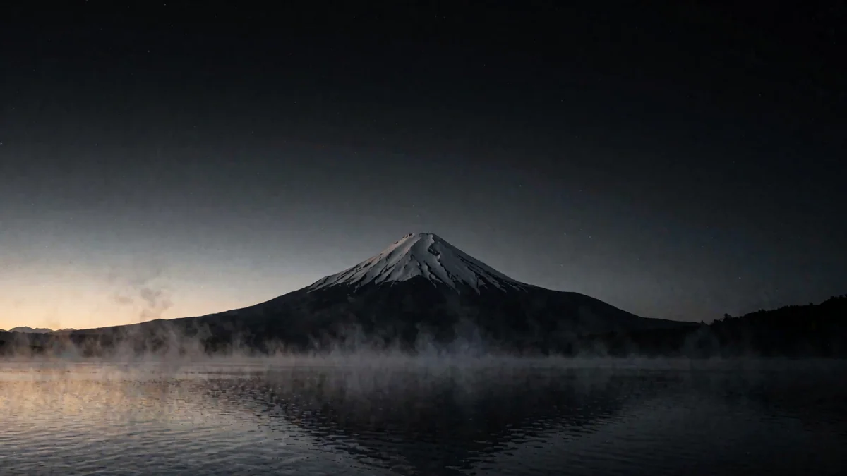 Un volcán nevado sobre campos y un lago al amanecer con bruma