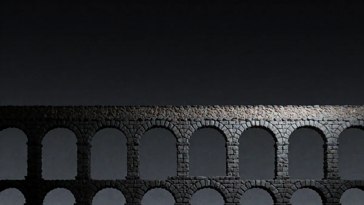Un acueducto de arcos de piedra rosada iluminado con luz cálida en hora azul