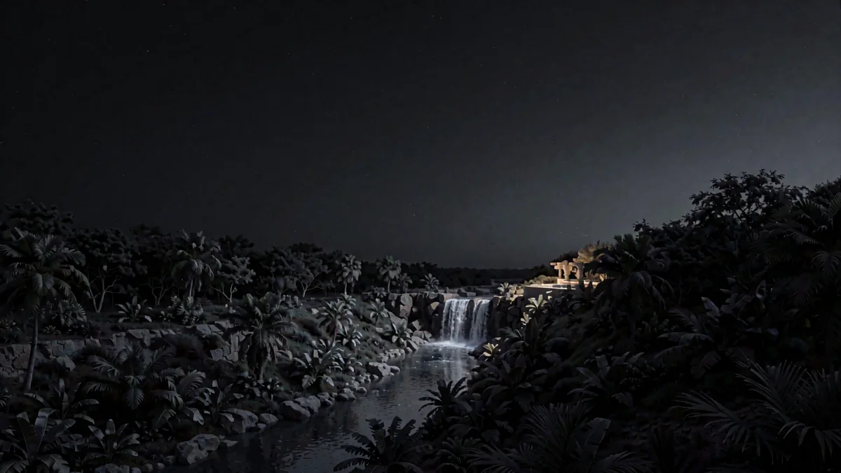 Una barranca con vegetación tropical y una cascada en hora azul con una luz cálida en una terraza lejana