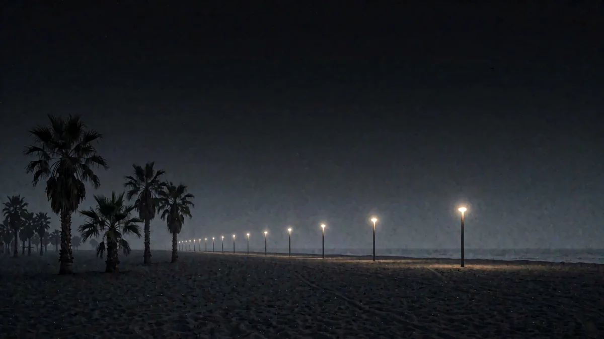 Una playa de arena oscura con palmeras y una hilera de faroles cálidos en hora azul