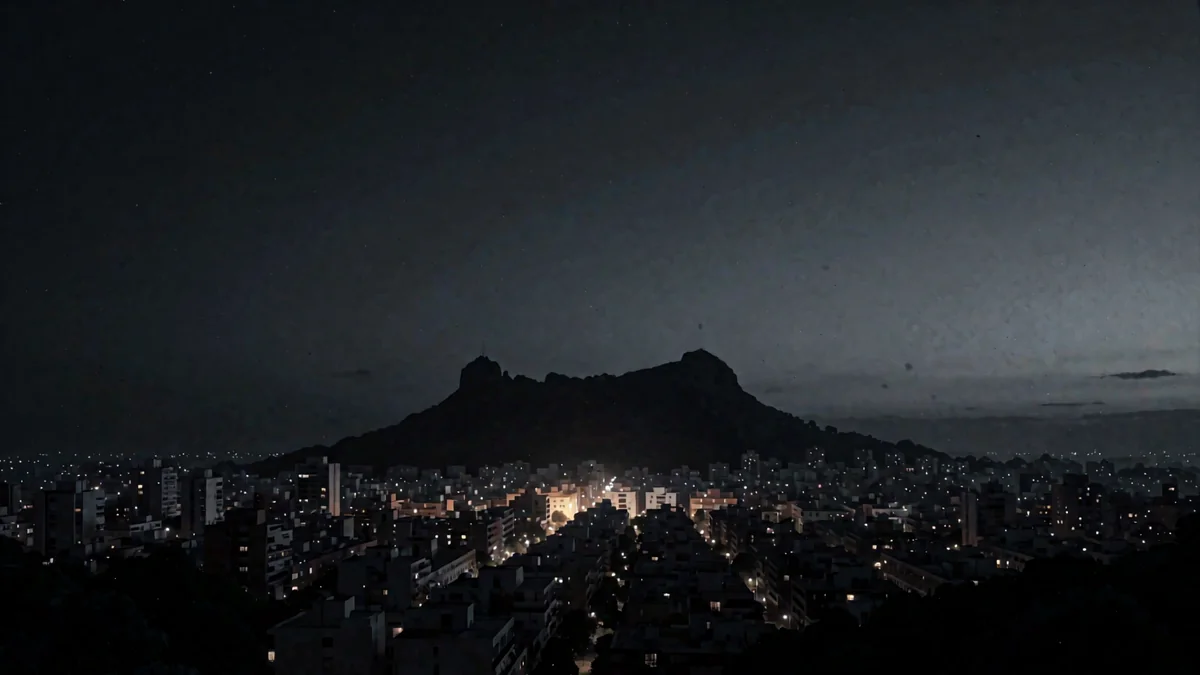 Un cerro de silueta dentada sobre una ciudad en penumbra con luces cálidas