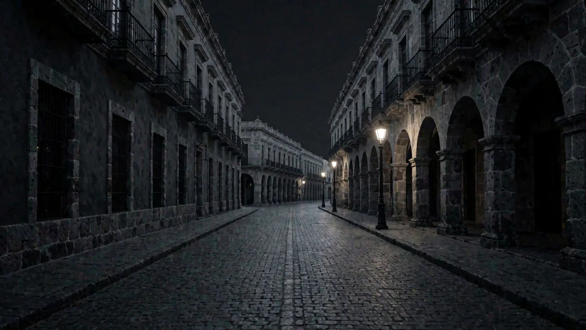 Una calle empedrada de cantera verde con arcos coloniales y faroles cálidos en hora azul