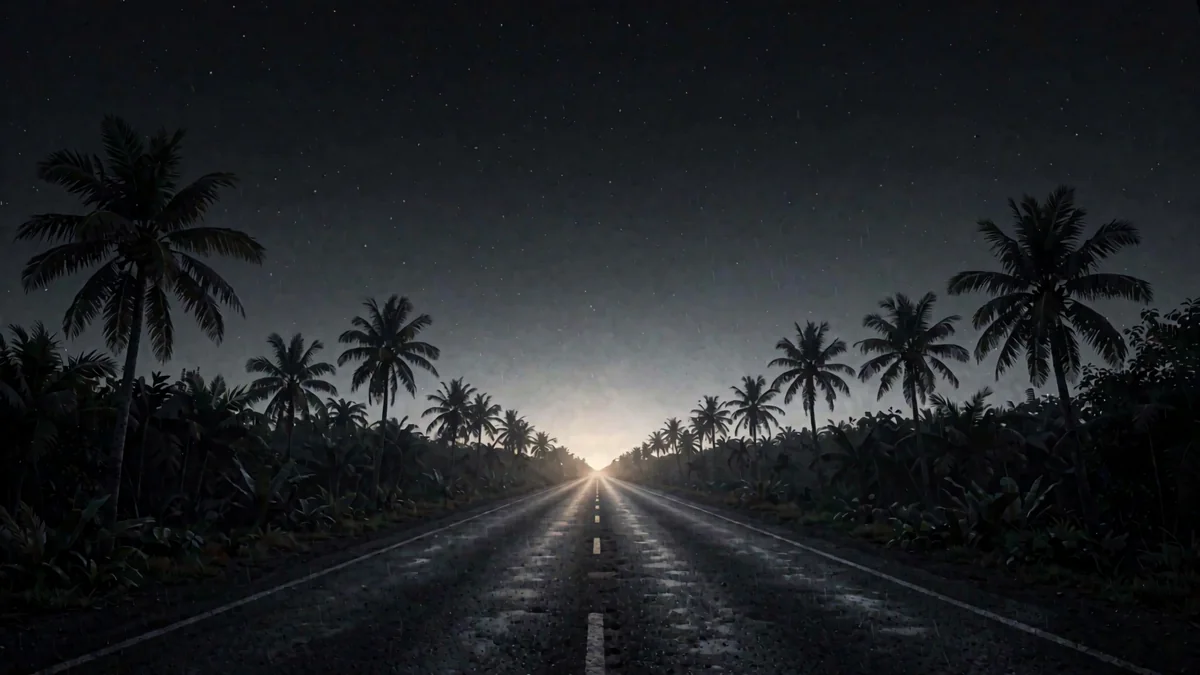 La carretera de la selva caribeña entre palmeras en hora azul con una luz cálida lejana