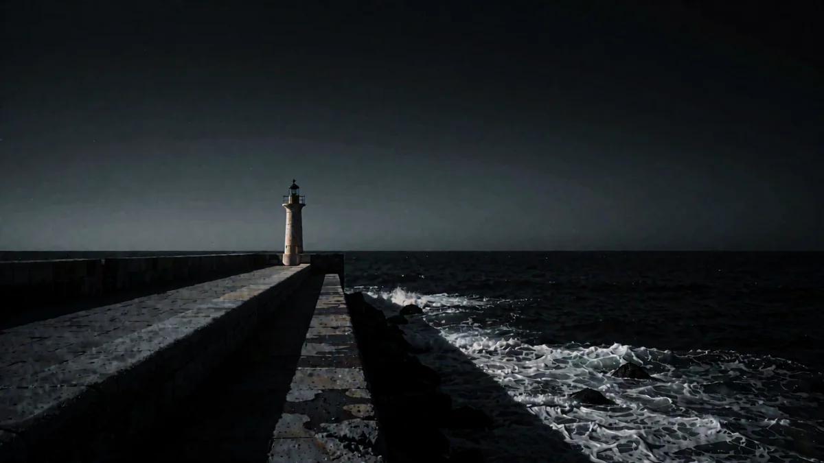 Un malecón con faro lejano y mar oscuro con espuma