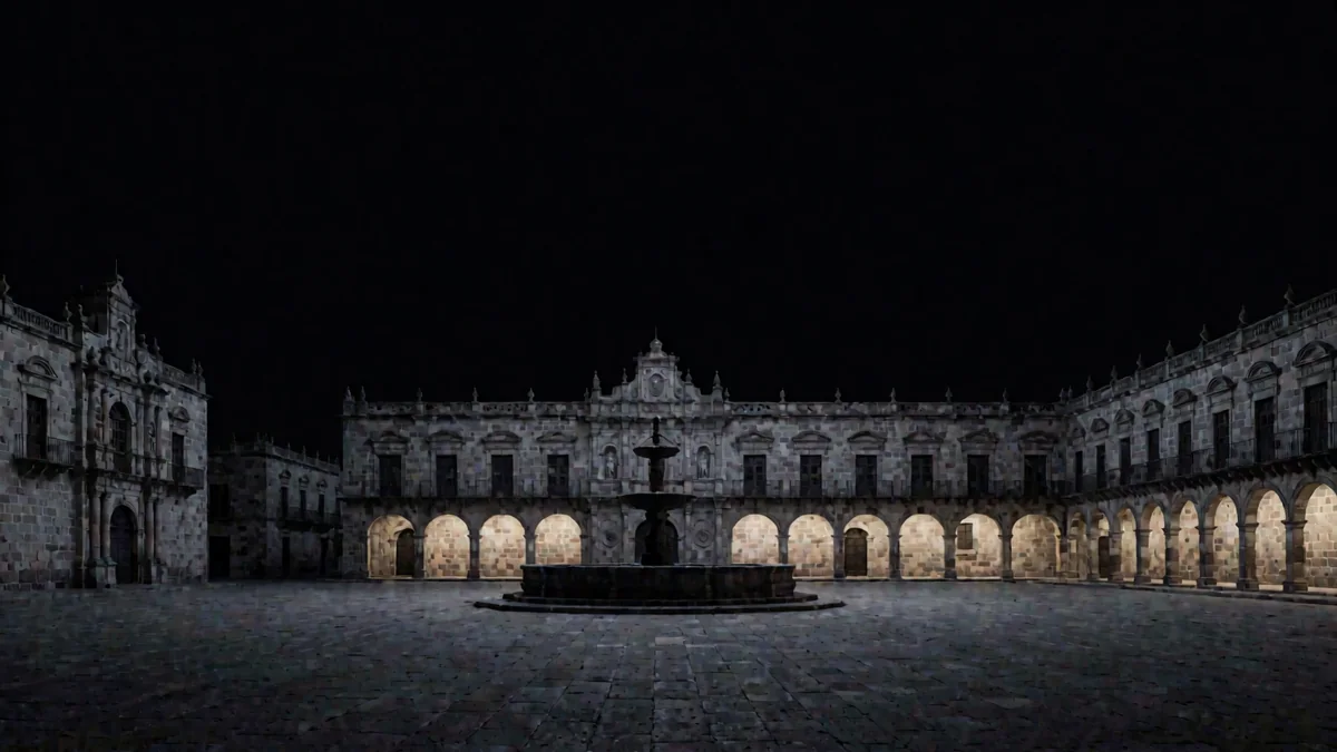 Uma praça colonial de pedra com uma fonte e arcadas iluminadas com luz quente na hora azul