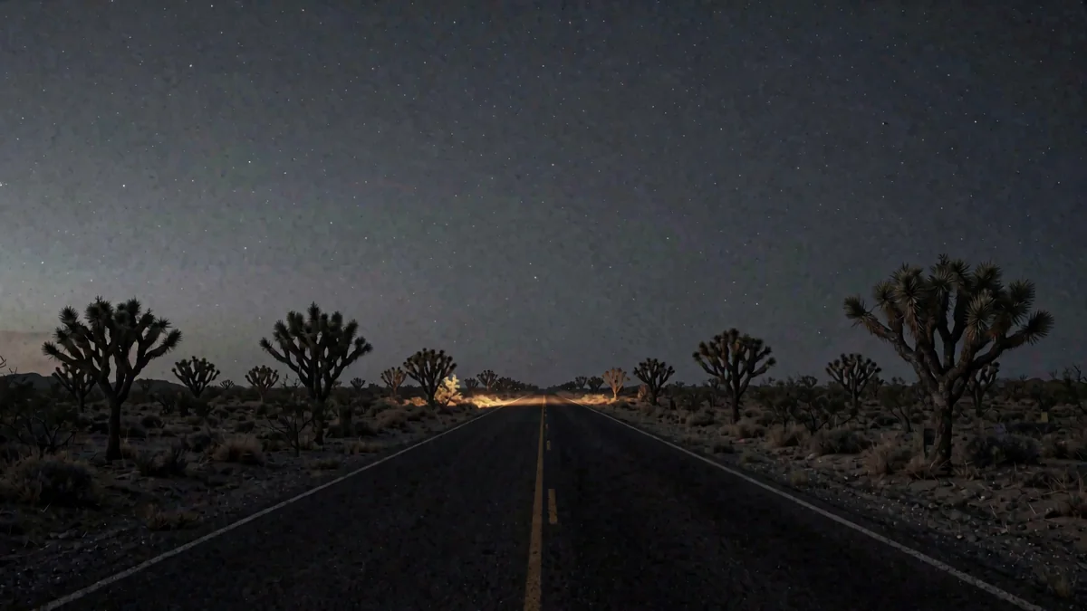 Una carretera recta del desierto sonorense con sahuaros al atardecer y una luz cálida lejana