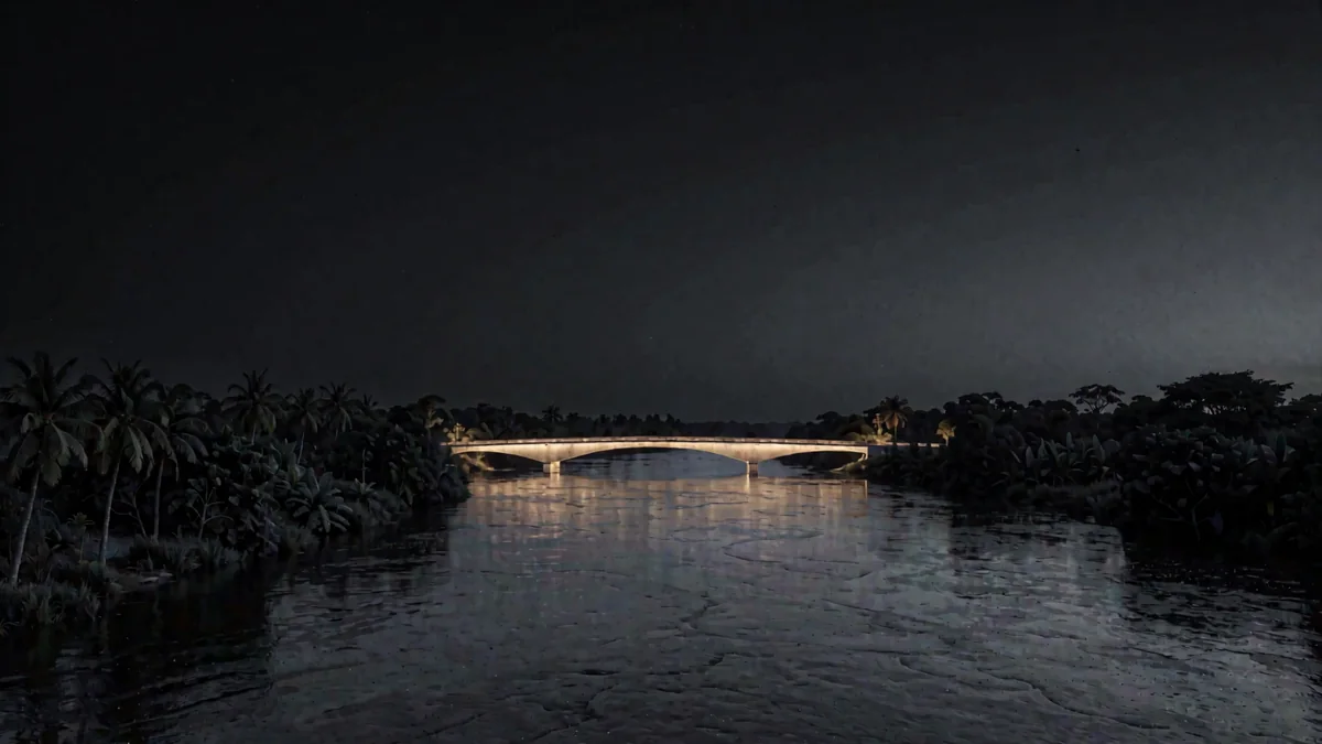 Un río ancho con vegetación tropical y un puente iluminado con luz cálida en hora azul