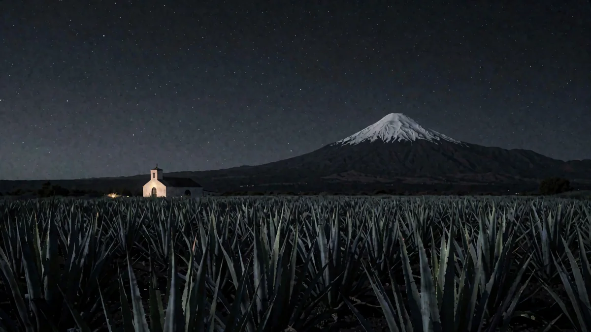 Un campo de magueyes con un volcán nevado al fondo en hora azul y una luz cálida en una capilla lejana