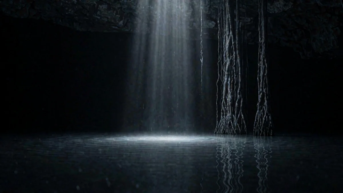 Un cenote con raíces colgantes y un haz de luz cenital sobre el agua