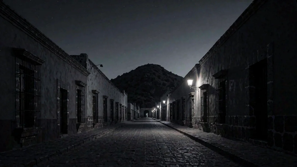 Una calle empedrada colonial de cantera rosa con un cerro al fondo en hora azul y faroles cálidos