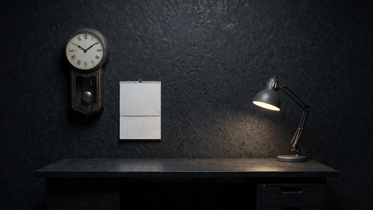 Un calendario de pared y un reloj antiguo en una oficina vacía bajo una lámpara cálida