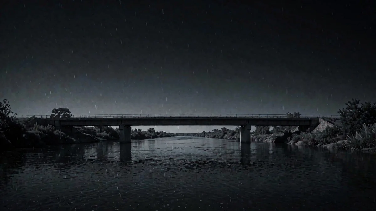 Un puente sobre un río de frontera con vegetación y una luz cálida lejana en hora azul