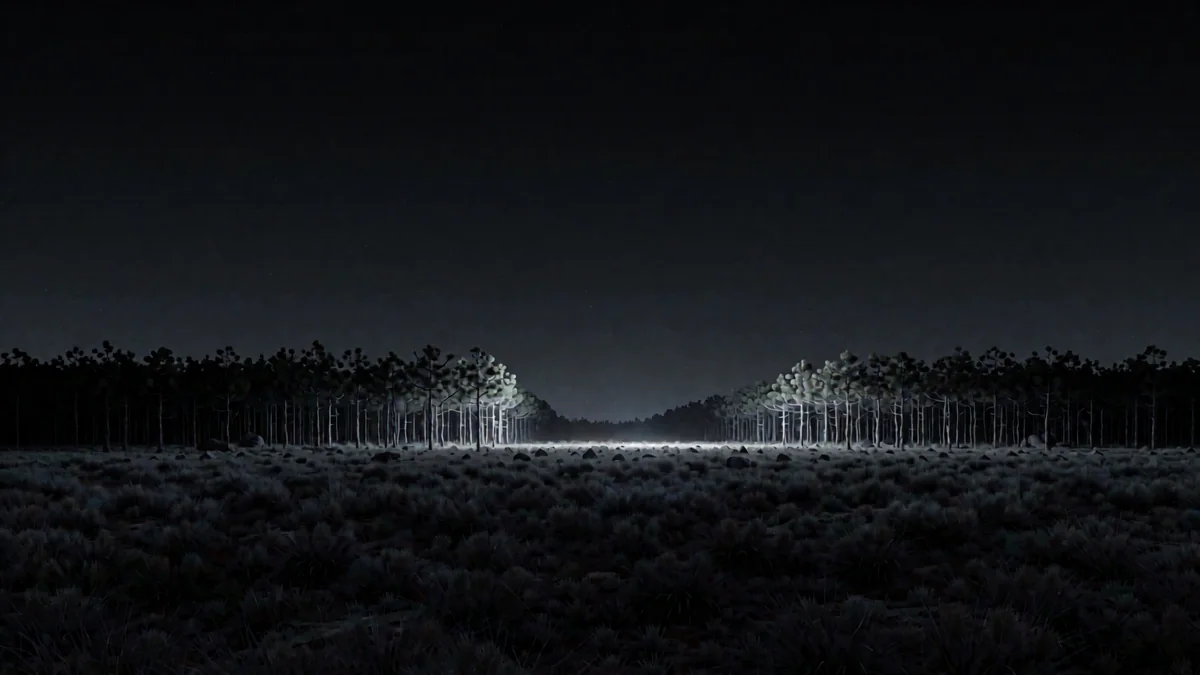 La Ruta Interbalnearia vacía entre pinares en hora azul con una luz cálida lejana