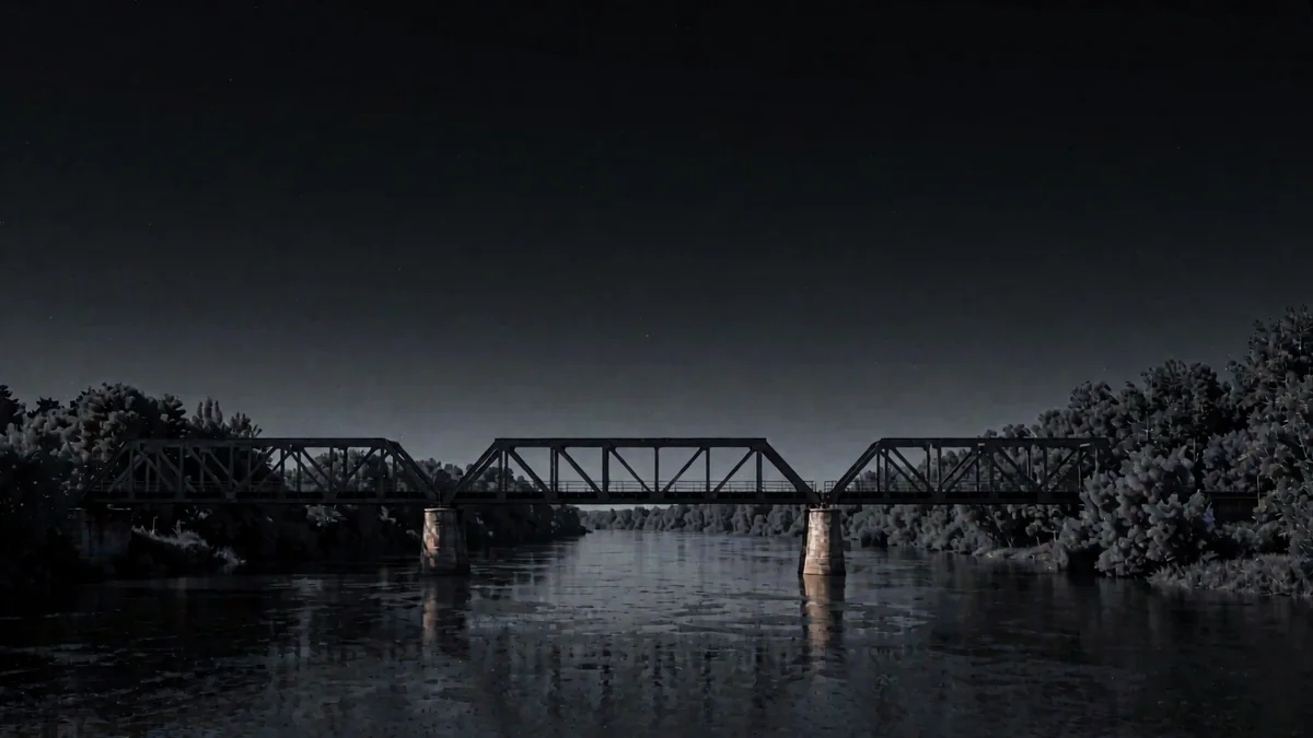 Un puente ferroviario de hierro sobre un río ancho con arboleda en hora azul