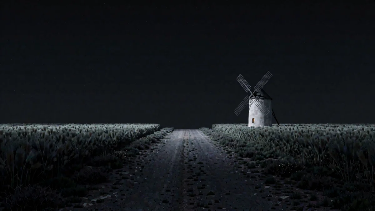 Una ruta entre praderas con tambos y un molino de viento en hora azul, con una luz cálida lejana