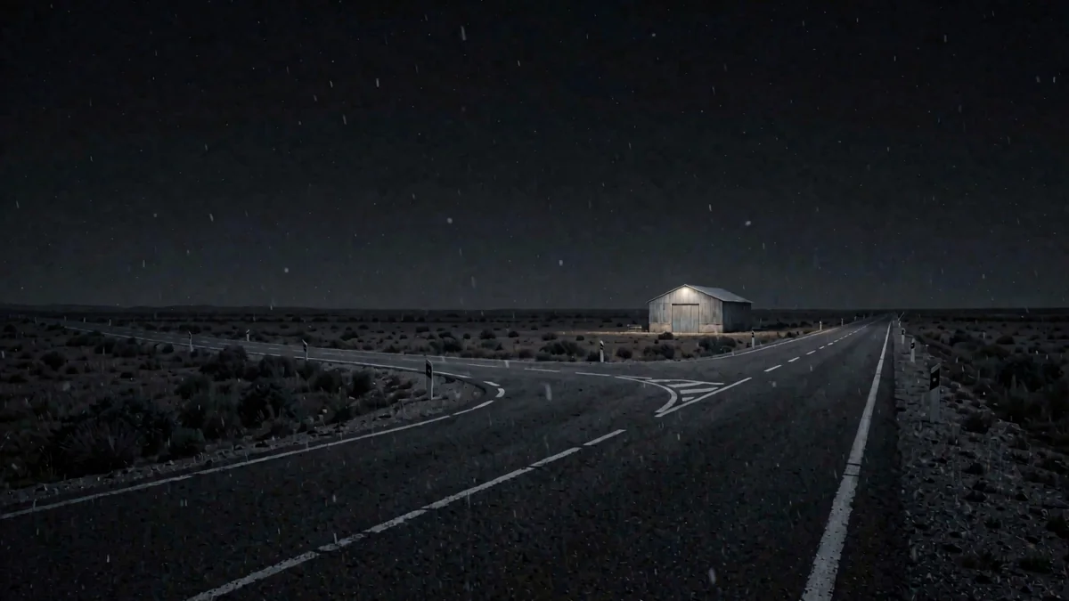 Un cruce de rutas en la llanura con un galpón rural iluminado con luz cálida en hora azul