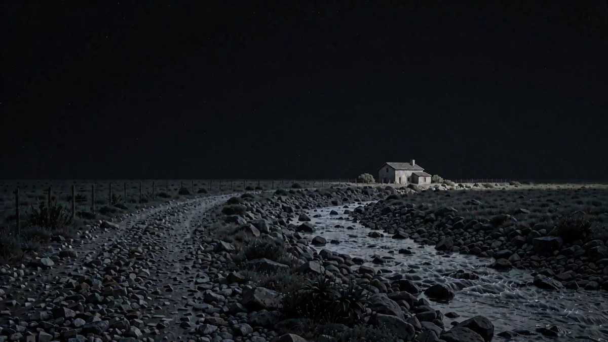 Un camino de sierras con piedras y un arroyo en hora azul con una luz cálida en una casa lejana