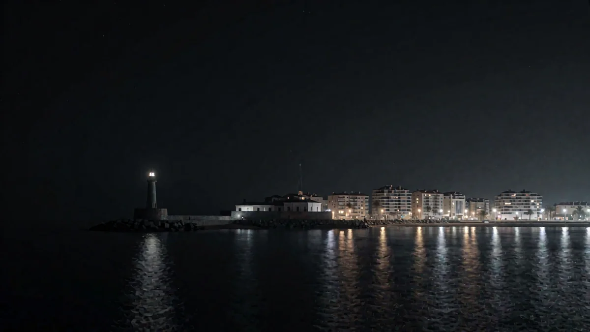 Una península con un faro y luces cálidas de una ciudad balnearia reflejadas en el mar en hora azul