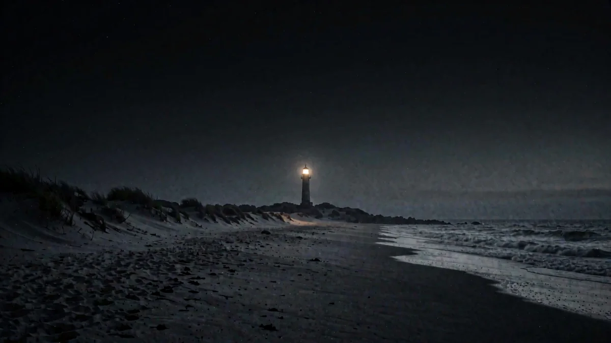 Una playa oceánica con dunas y un faro lejano encendido en hora azul