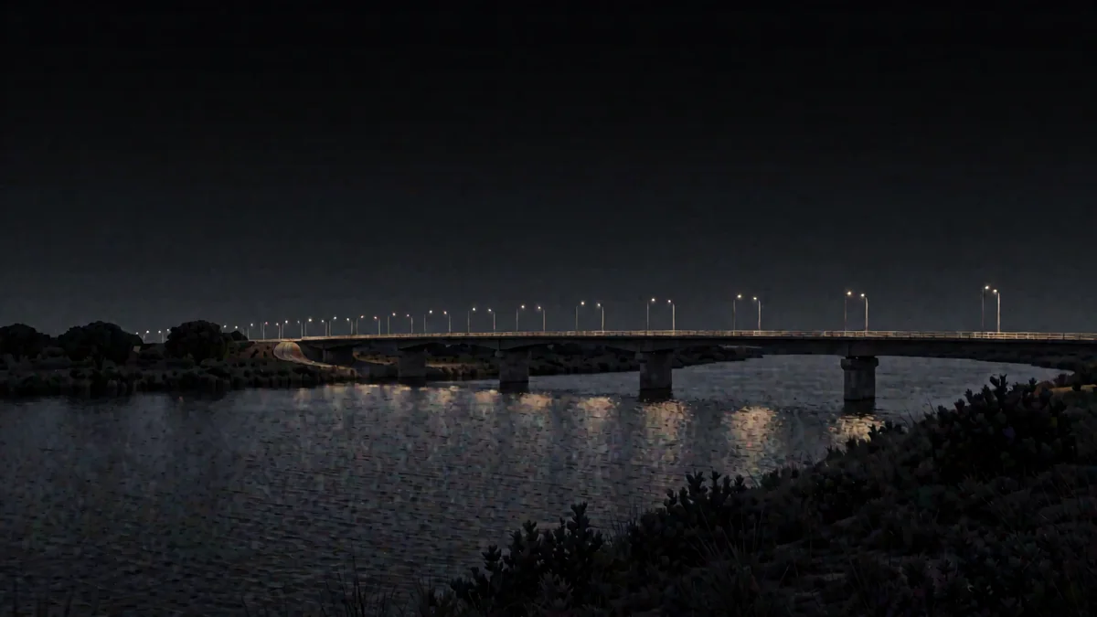 Un puente carretero sobre un río ancho del litoral con faroles cálidos en hora azul