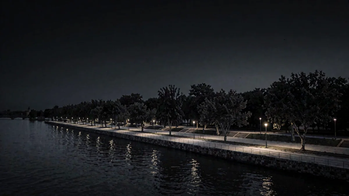 Una rambla costanera sobre un río ancho con árboles y faroles cálidos en hora azul