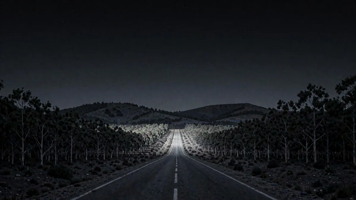 Una ruta entre plantaciones de eucaliptos y cerros chatos en hora azul con una luz cálida lejana