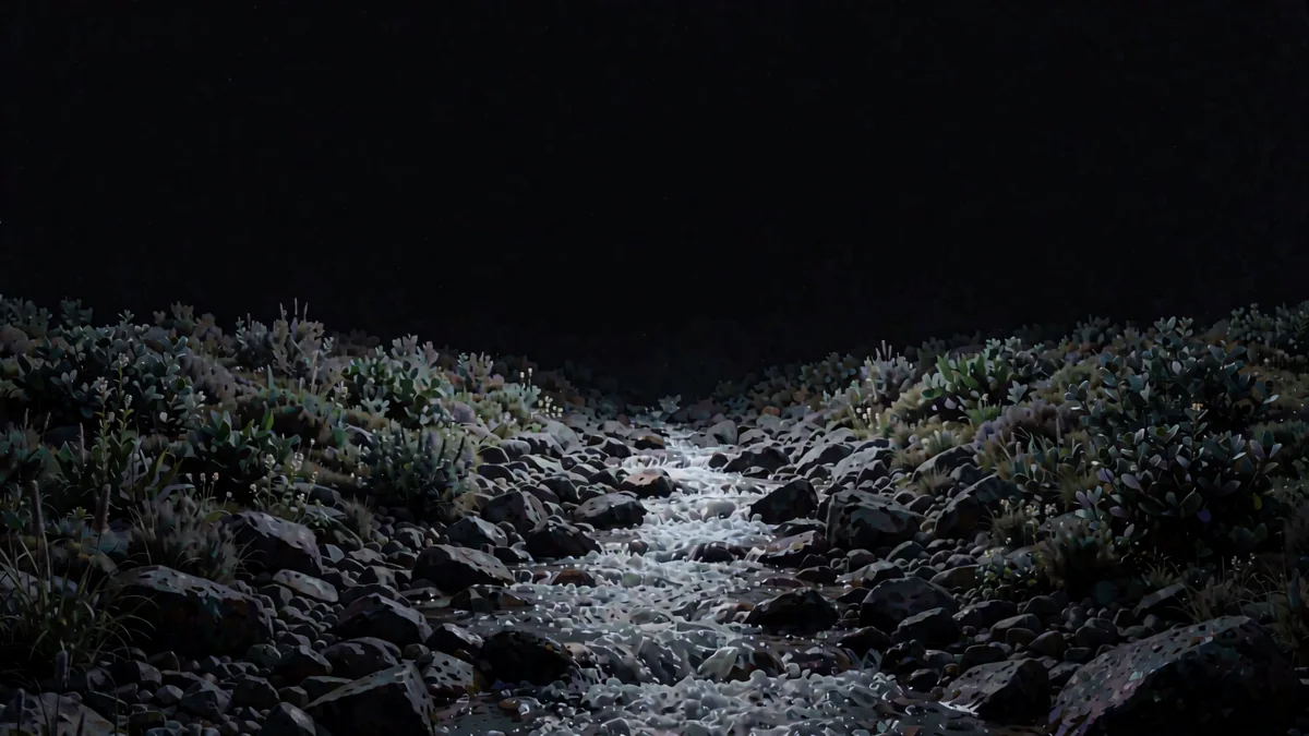 Una quebrada con vegetación serrana y un arroyo entre piedras en hora azul con una luz cálida lejana